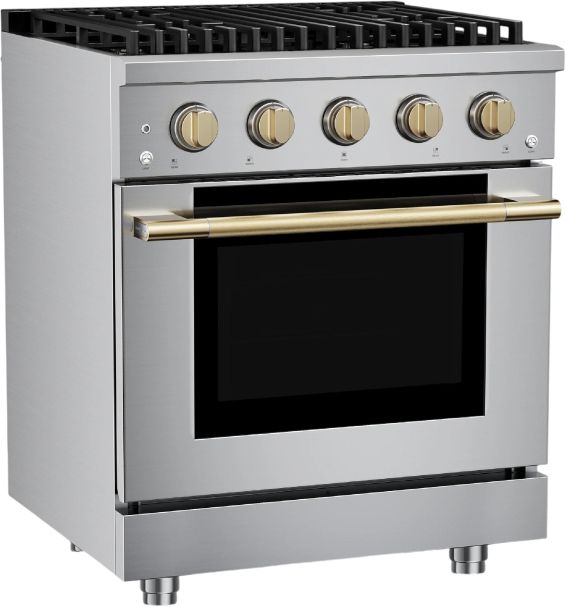 Hauslane HausPro 30" Stainless Steel Pro-Style Dual Fuel Range with Satin Brass Knobs-3