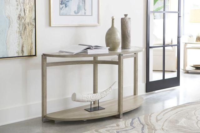 Hammary® Solstice Glass Top Demilune Sofa Table with Soft Beige Base-1
