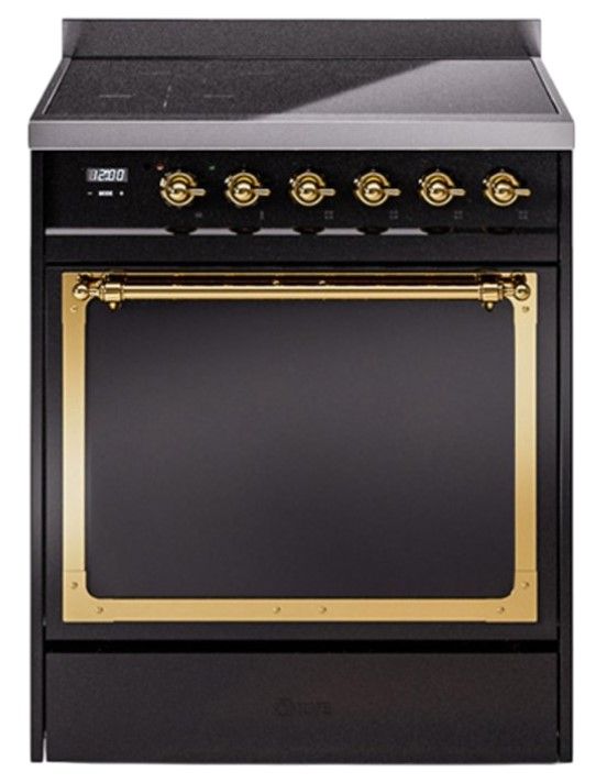 Ilve® Nostalgie II Noblesse 30'' Glossy Black Pro Style Induction Range with Brass Trim-0