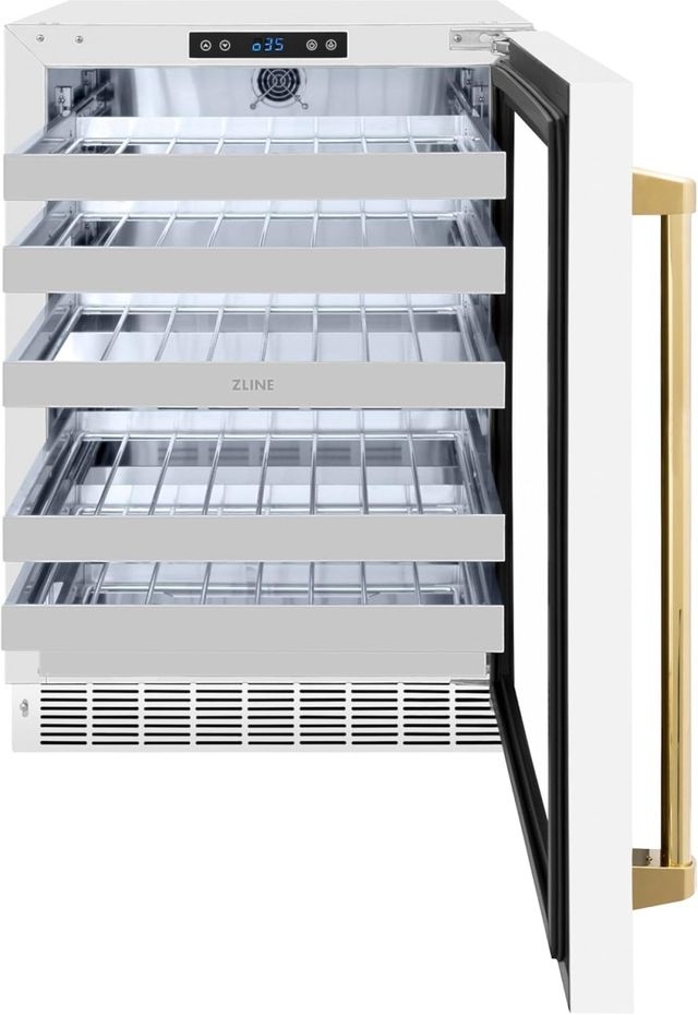 ZLINE Autograph Edition Touchstone 24" 4.8 Cu. Ft. Stainless Steel Wine Cooler with White Matte Glass Door and Polished Gold Handle-1