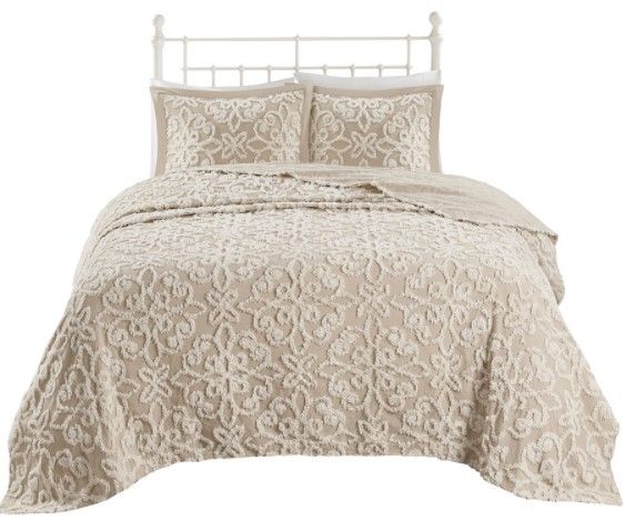 Olliix by Madison Park Sabrina 3 Piece Taupe King/California King Tufted Cotton Chenille Bedspread Set-0