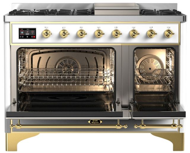 Ilve® Majestic III 48" White Pro Style Dual Fuel Liquid Propane Range with Solid Door and Brass Trim-1