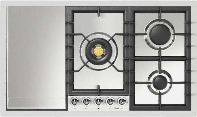 Ilve Nostalgie II 36” Stainless Steel Gas Cooktop with 5 Black Brass Burners and Griddle
