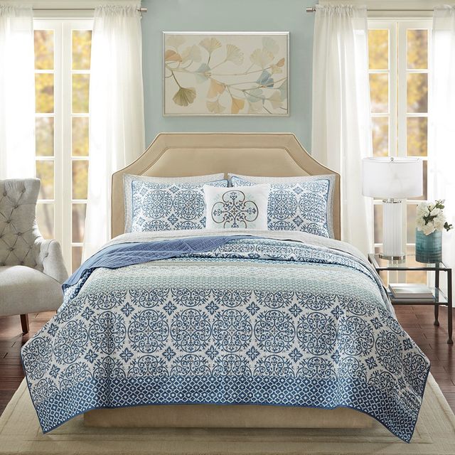 Olliix by Madison Park Essentials Sybil Blue Twin Complete Reversible Coverlet and Cotton Sheet Set-1