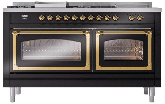 Ilve® Nostalgie II Noblesse 60'' Glossy Black Pro Style Dual Fuel Range with Brass Trim-1