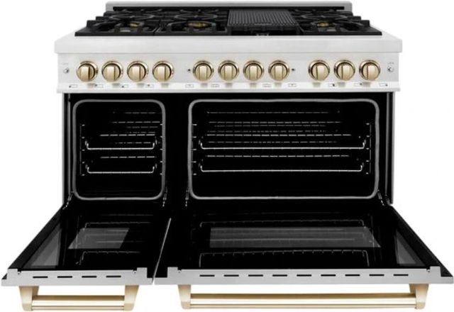 ZLINE Autograph Edition Legacy 48" Satin Stainless Steel Pro-Style Dual Fuel Range with White Matte Door and Polished Gold Accents-1