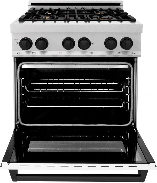 ZLINE Autograph Edition Legacy 30" Satin Stainless Steel Pro Style Dual Fuel Range with White Matte Door and Matte Black Accents-1