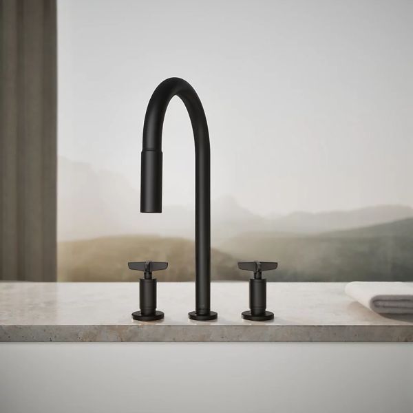 KOHLER® Billet® Matte Black Kitchen Sink Faucet with 2-Function Sprayhead and Cross Handles-3
