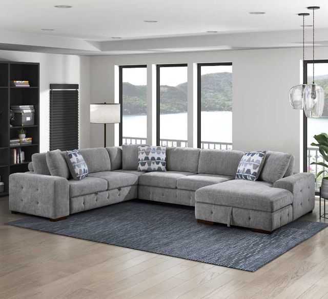Front view of a modern living room with a sectional with hidden storage