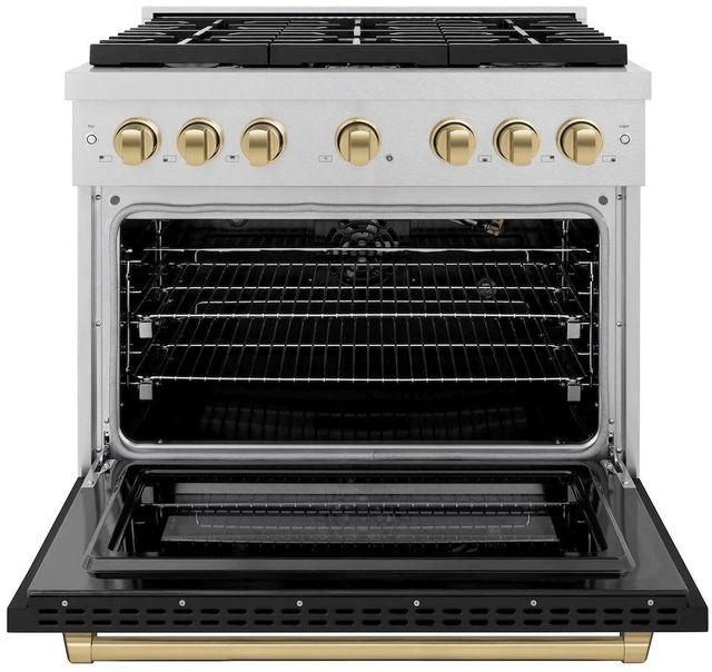ZLINE Autograph Edition Paramount 36" Satin Stainless Steel Pro Style Gas Range with Black Matte Door and Champagne Bronze Accents-1