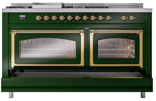 Ilve® Nostalgie II Noblesse 60'' Emerald Green Pro Style Dual Fuel Range with Brass Trim-3