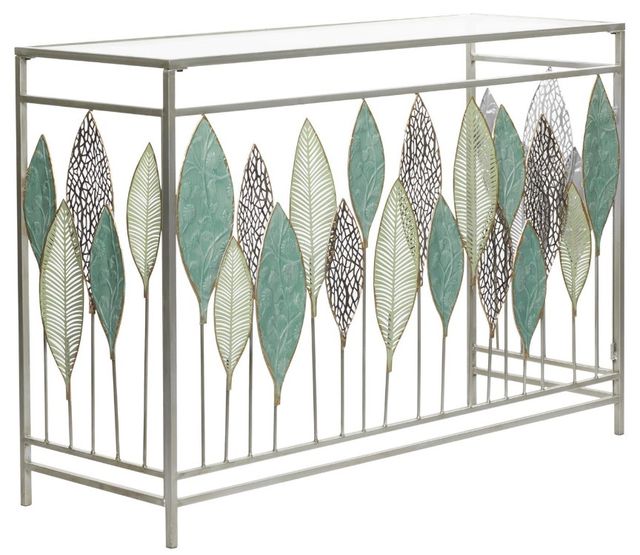 Deco Marche Glass Top Console Table with Silver Leaf Base-0