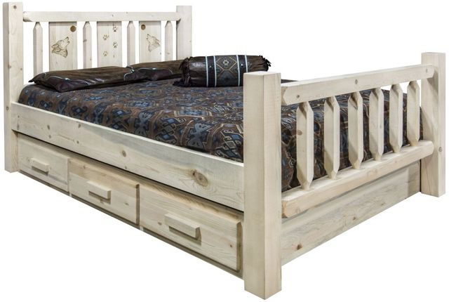 Montana Woodworks® Homestead Clear Lacquer King Storage Bed with Laser Engraved Wolf Design-0
