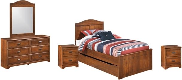 Signature Design by Ashley® Barchan 5-Piece Medium Brown Twin Panel Bed with Trundle with Mirrored Dresser and 2 Nightstands Set-0
