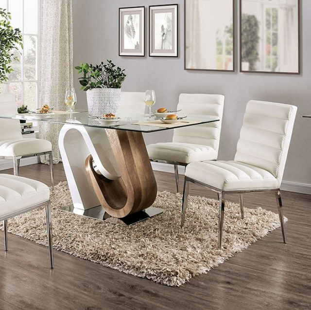 Furniture of America® Cilegon Glass Top Dining Table with Natural Tone and White Pedestal 