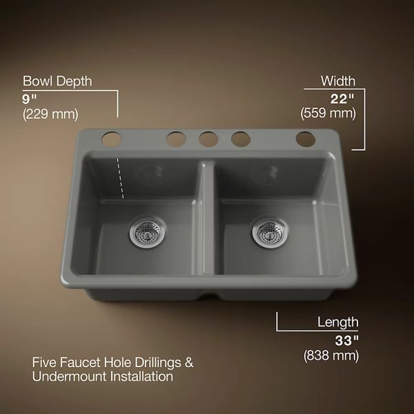 KOHLER® Riverby® Thunder Gray 33" Undermount Double-Equal Bowl Workstation Kitchen Sink with Accessories-3