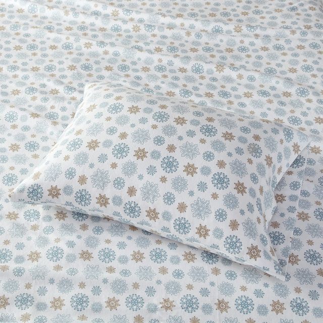 Olliix by True North by Sleep Philosophy Tan/Blue Snowflakes Queen Cozy Flannel 100% Cotton Flannel Printed Sheet Set-2