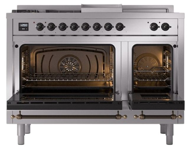 Ilve® Nostalgie II Noblesse 48'' Stainless Steel Pro Style Dual Fuel Range with Burnished Trim-1