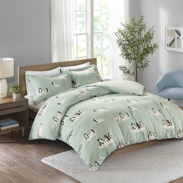 Olliix by True North by Sleep Philosophy Aqua Penguins King/California King Cozy Flannel Duvet Set-1