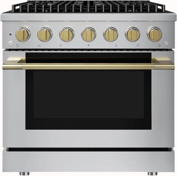 Hauslane HausPro 36" Stainless Steel Pro-Style Dual Fuel Range with Satin Brass Knobs-0