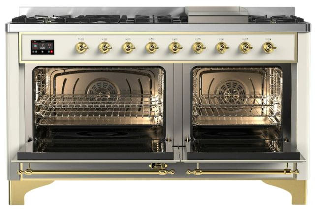 Ilve® Majestic III 60" Antique White Pro Style Dual Fuel Natural Gas Range with Triple Glass Door and Brass Trim-1