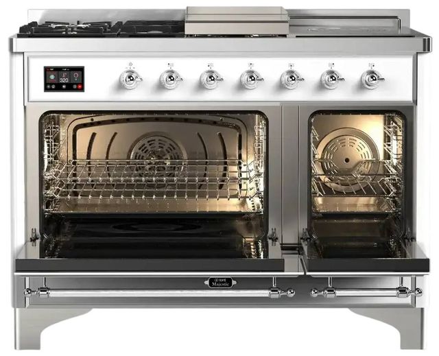 Ilve® Majestic III 48" Custom Pro Style Dual Fuel Liquid Propane Range with Triple Glass Door and Chrome Trim-1
