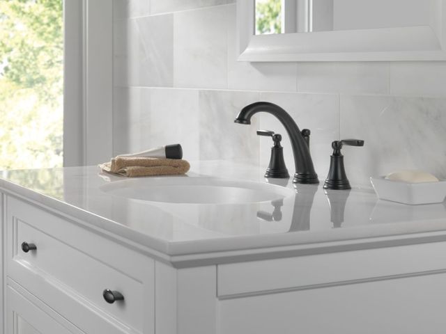 Delta Woodhurst® Matte Black 2-Handle Widespread Bathroom Faucet-1