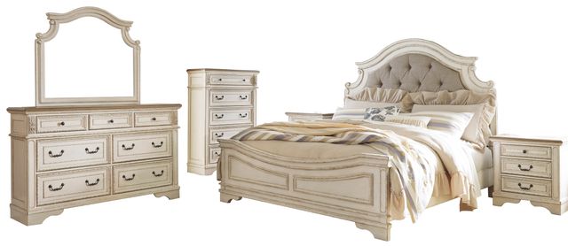 Signature Design by Ashley® Realyn 5-Piece Chipped White King Upholstered Panel Bed Set-0