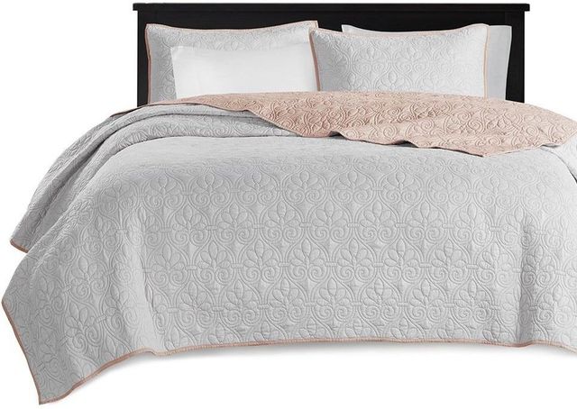 Olliix by Madison Park Blush/Light Grey King/California King Quebec Reversible Coverlet Set-1