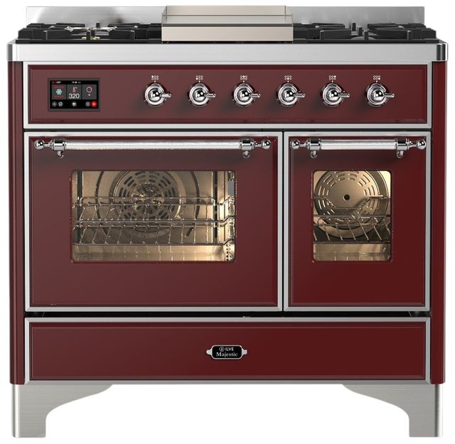 Ilve® Majestic III 40" Burgundy Pro Style Dual Fuel Natural Gas Range with Triple Glass Door and Chrome Trim-0