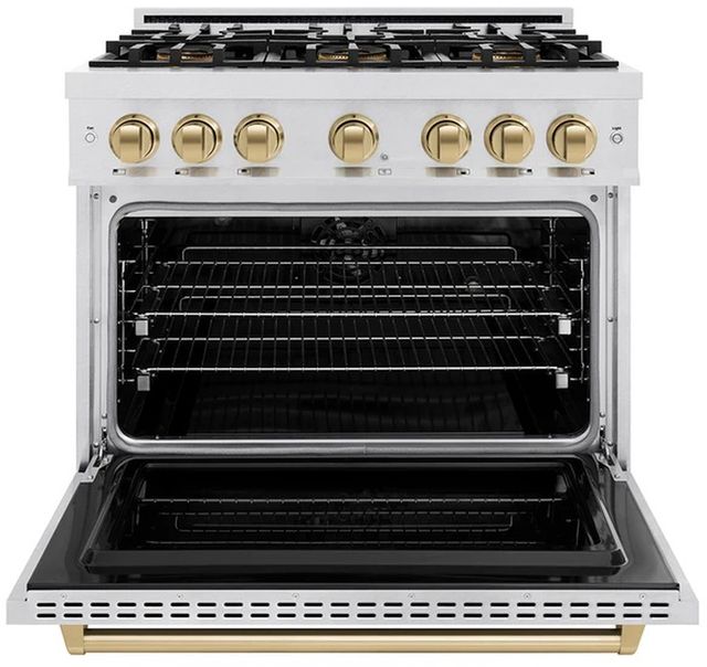 ZLINE Autograph Edition 36". 5.2 cu. ft. Dual Fuel Range with 6 Burner DuoPro™ Cooktop and Electric Convection Oven in Satin Stainless Steel and Champagne Bronze Accents -1