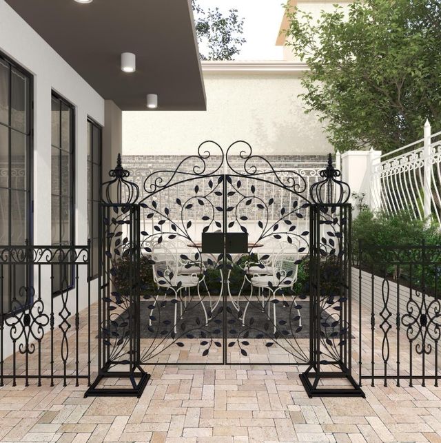 Deco Marche Black Metal Outdoor Scrollwork Arched Gate Garden Arbor with Vines and Latch Lock Closure-2