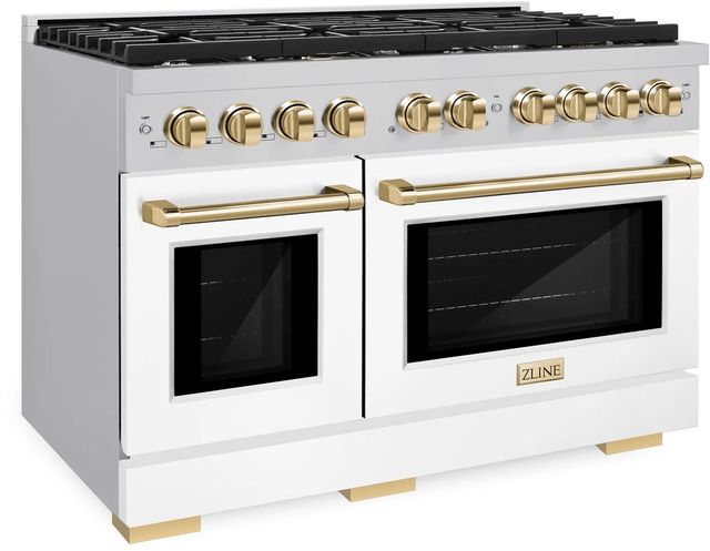 ZLINE Autograph Edition Paramount 48" Stainless Steel Pro Style Dual Fuel Range with White Matte Door and Polished Gold Accents-2