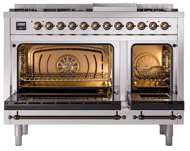 Ilve® Nostalgie II Noblesse 48'' Stainless Steel Pro Style Dual Fuel Range with Burnished Trim-2
