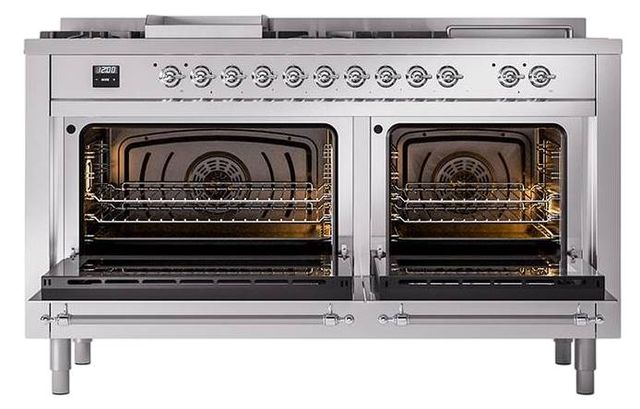 Ilve® Nostalgie II Noblesse 60'' Stainless Steel Pro Style Dual Fuel Range with Chrome Trim-1