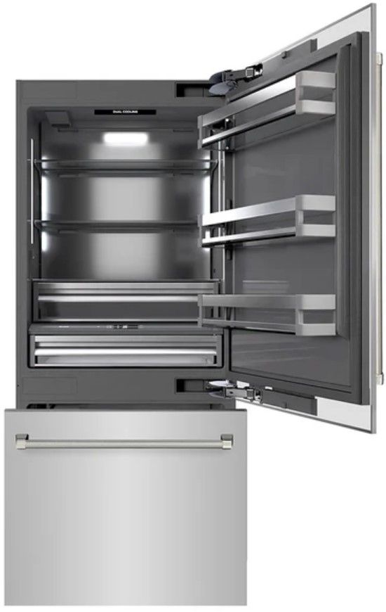 ZLINE Autograph Edition 36" 19.8 Cu. Ft. Stainless Steel Built In Bottom Freezer Refrigerator with Water Dispenser, Ice Maker, Graphite Gray Interior and Polished Nickel Helix Handles-1