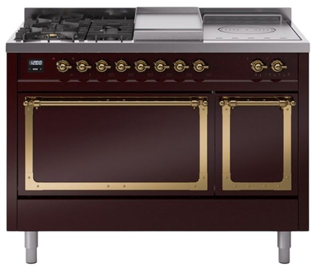 Ilve® Nostalgie II Noblesse 48'' Burgundy Pro Style Dual Fuel Range with Brass Trim-0