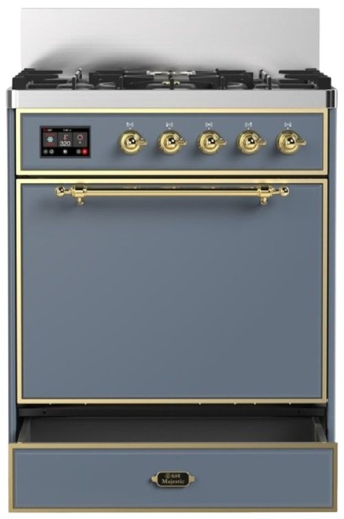 Ilve® Majestic III 30" Blue Gray Pro Style Dual Fuel Liquid Propane Range with 5 Black Brass Burners and Brass Trim-2