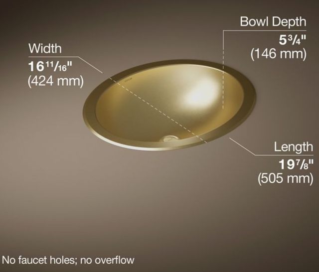 Kohler Bachata® Vibrant Brushed Moderne Brass 20" Oval Drop-In/Undermount Bathroom Sink, No Overflow-3