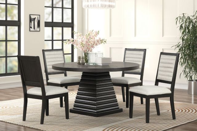 Credit: New Classic Home Furnishings Front view of a modern living room with a black contemporary dining room set