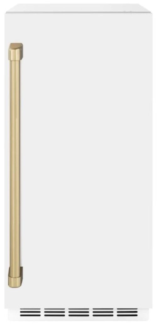 ZLINE Autograph Edition Touchstone 15" 75 lbs. White Matte Door with Champagne Bronze Handle Clear Cube Ice Maker with Drain Pump -0