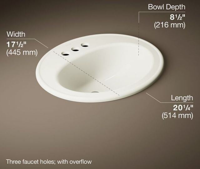 Kohler Pennington® Biscuit 20.25" Oval Drop-In Bathroom Sink-3