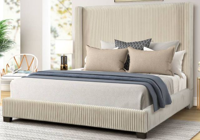 Bernards Luca Beige Pleated Upholstered King Panel Bed-0