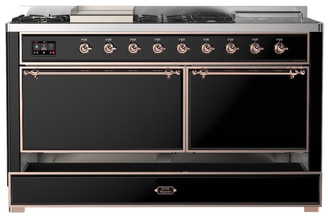 Ilve® Majestic III 60" Glossy Black Pro Style Dual Fuel Natural Gas Range with Griddle and Copper Trim-2