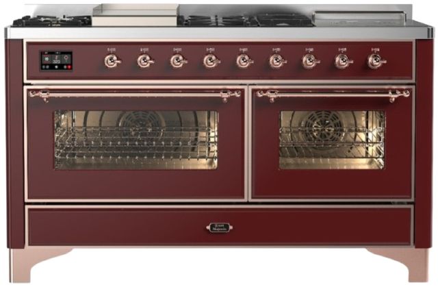 Ilve® Majestic III 60" Burgundy Pro Style Dual Fuel Liquid Propane Range with French Top and Copper Trim-0
