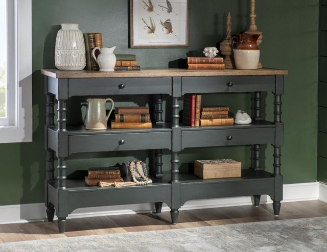 Legacy Classic Vintage Market Barnwood Oak 64" Console Table with Mallard Green Base-4