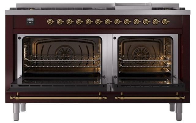 Ilve® Nostalgie II Noblesse 60'' Burgundy Pro Style Dual Fuel Range with Brass Trim-1