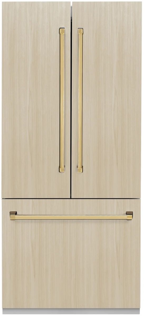 ZLINE Autograph Edition 36" 19.6 Cu. Ft. Panel Ready Built-In French Door Refrigerator with Water Dispenser, Ice Maker, Graphite Gray Interior and Polished Gold Handles-0