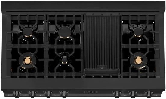 ZLINE 48" Black Stainless Steel Gas Rangetop with Brass Burners and Griddle-3