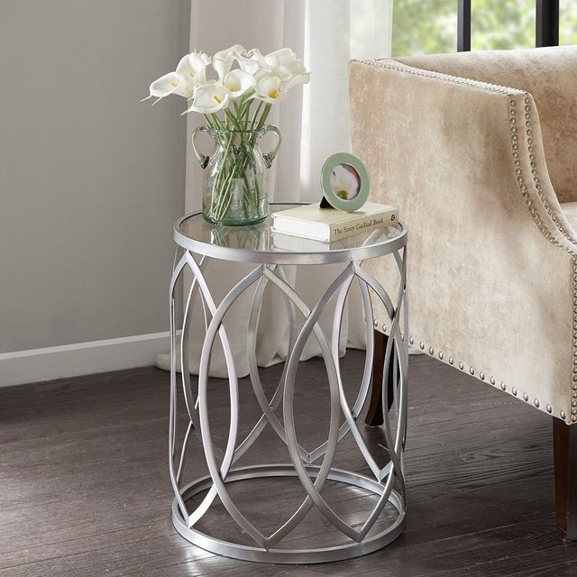 Olliix by Madison Park Tempered Glass Accent Table with Grey Base -2